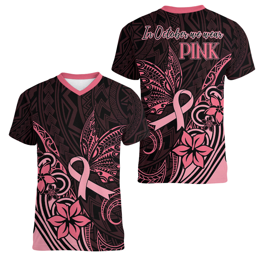 Polynesian Women V Neck T Shirt Breast Cancer RIbbon Butterfly Mix Plumeria Curves Pink LT7 - Polynesian Pride