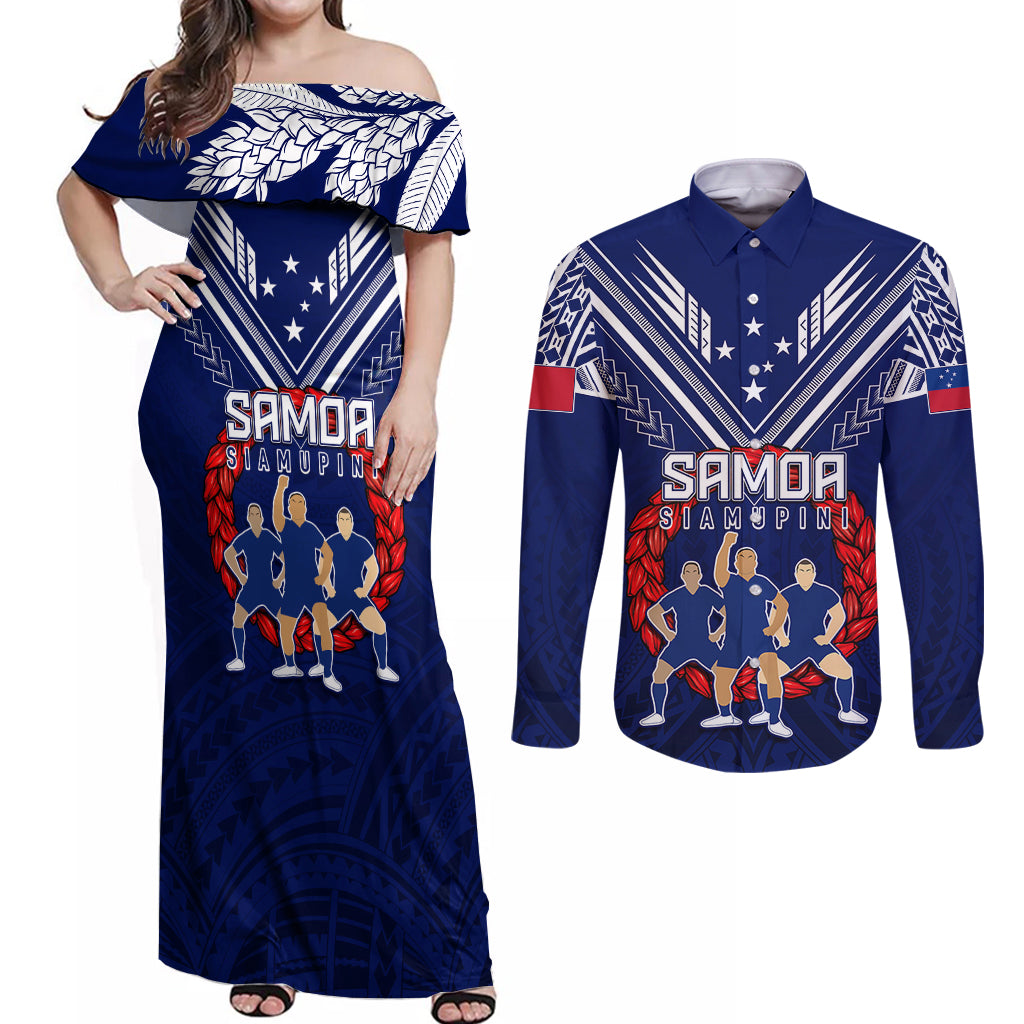 Personalised Samoa Rugby Couples Matching Off Shoulder Maxi Dress and Long Sleeve Button Shirts World Cup 2023 Siamupini Siva Tau LT7 Blue - Polynesian Pride