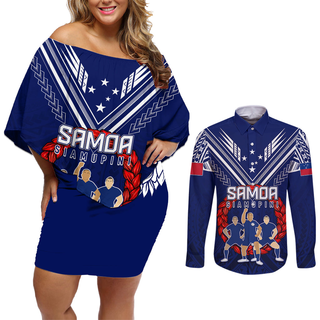 Personalised Samoa Rugby Couples Matching Off Shoulder Short Dress and Long Sleeve Button Shirts World Cup 2023 Siamupini Siva Tau LT7 Blue - Polynesian Pride