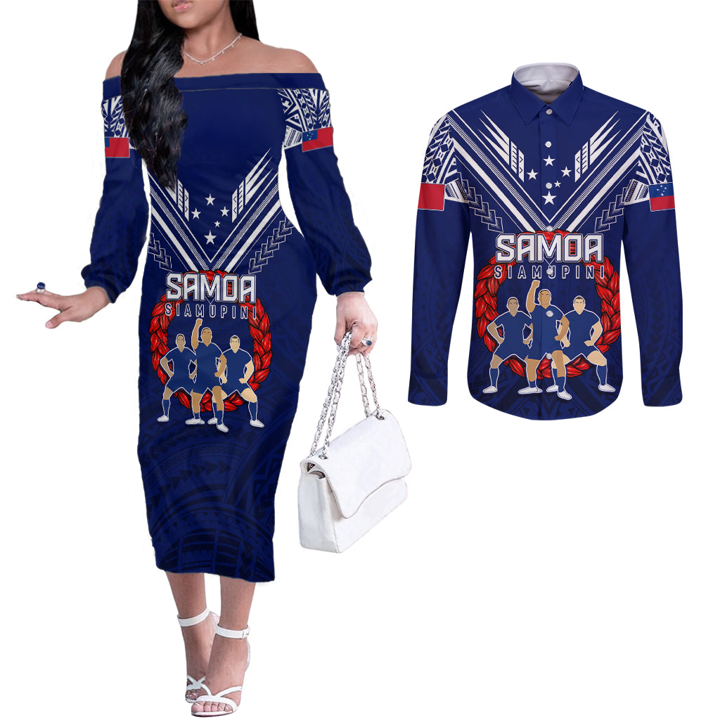 Personalised Samoa Rugby Couples Matching Off The Shoulder Long Sleeve Dress and Long Sleeve Button Shirts World Cup 2023 Siamupini Siva Tau LT7 Blue - Polynesian Pride