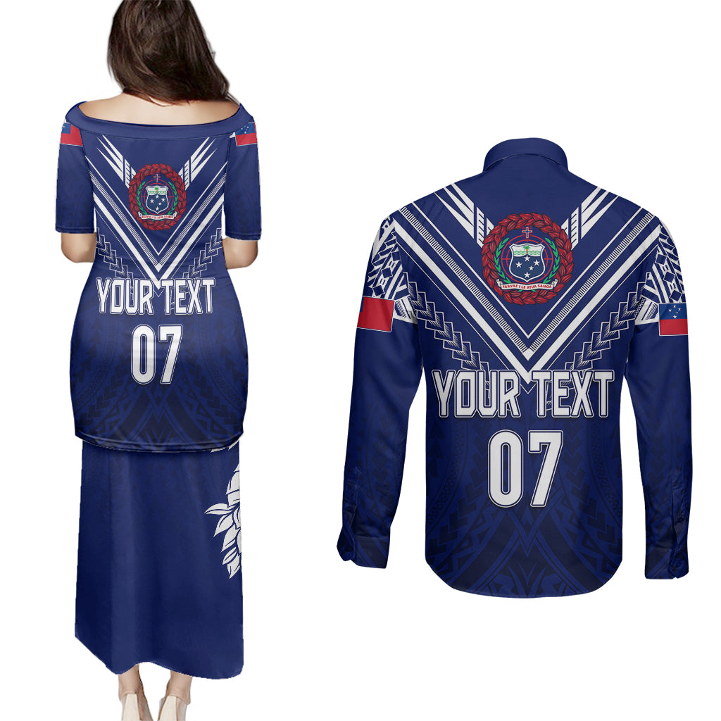 Personalised Samoa Rugby Couples Matching Puletasi Dress and Long Sleeve Button Shirts World Cup 2023 Siamupini Siva Tau LT7 - Polynesian Pride