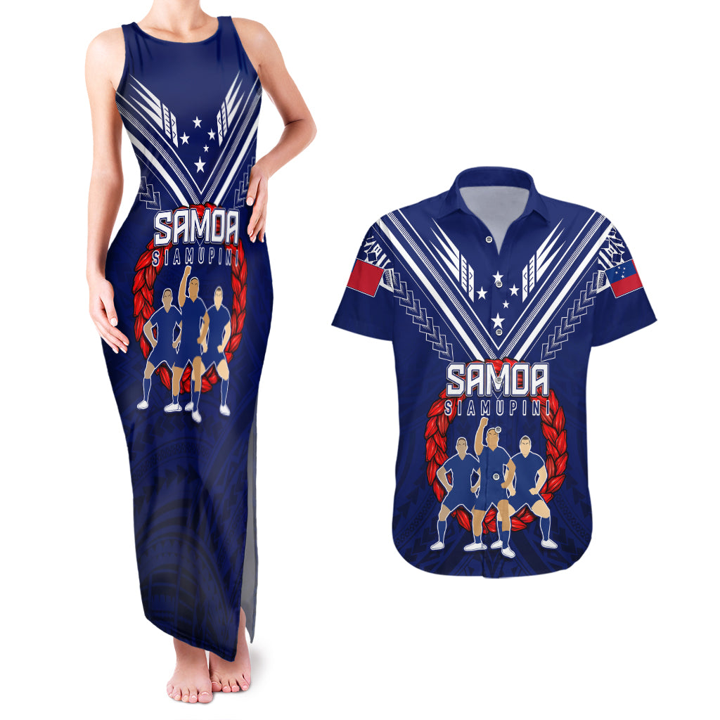 Personalised Samoa Rugby Couples Matching Tank Maxi Dress and Hawaiian Shirt World Cup 2023 Siamupini Siva Tau LT7 Blue - Polynesian Pride