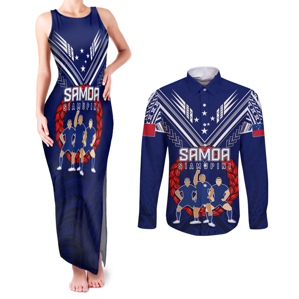 Personalised Samoa Rugby Couples Matching Tank Maxi Dress and Long Sleeve Button Shirts World Cup 2023 Siamupini Siva Tau LT7 Blue - Polynesian Pride