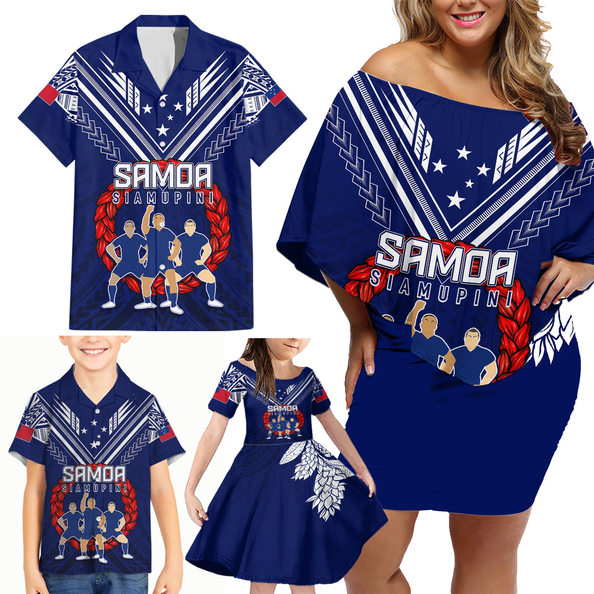 Personalised Samoa Rugby Family Matching Off Shoulder Short Dress and Hawaiian Shirt World Cup 2023 Siamupini Siva Tau LT7 - Polynesian Pride