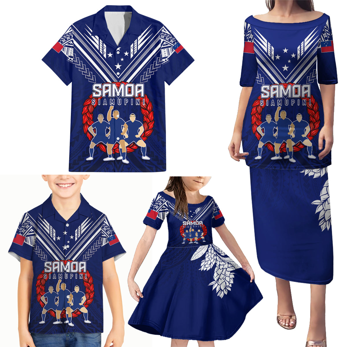 Personalised Samoa Rugby Family Matching Puletasi Dress and Hawaiian Shirt World Cup 2023 Siamupini Siva Tau LT7 - Polynesian Pride