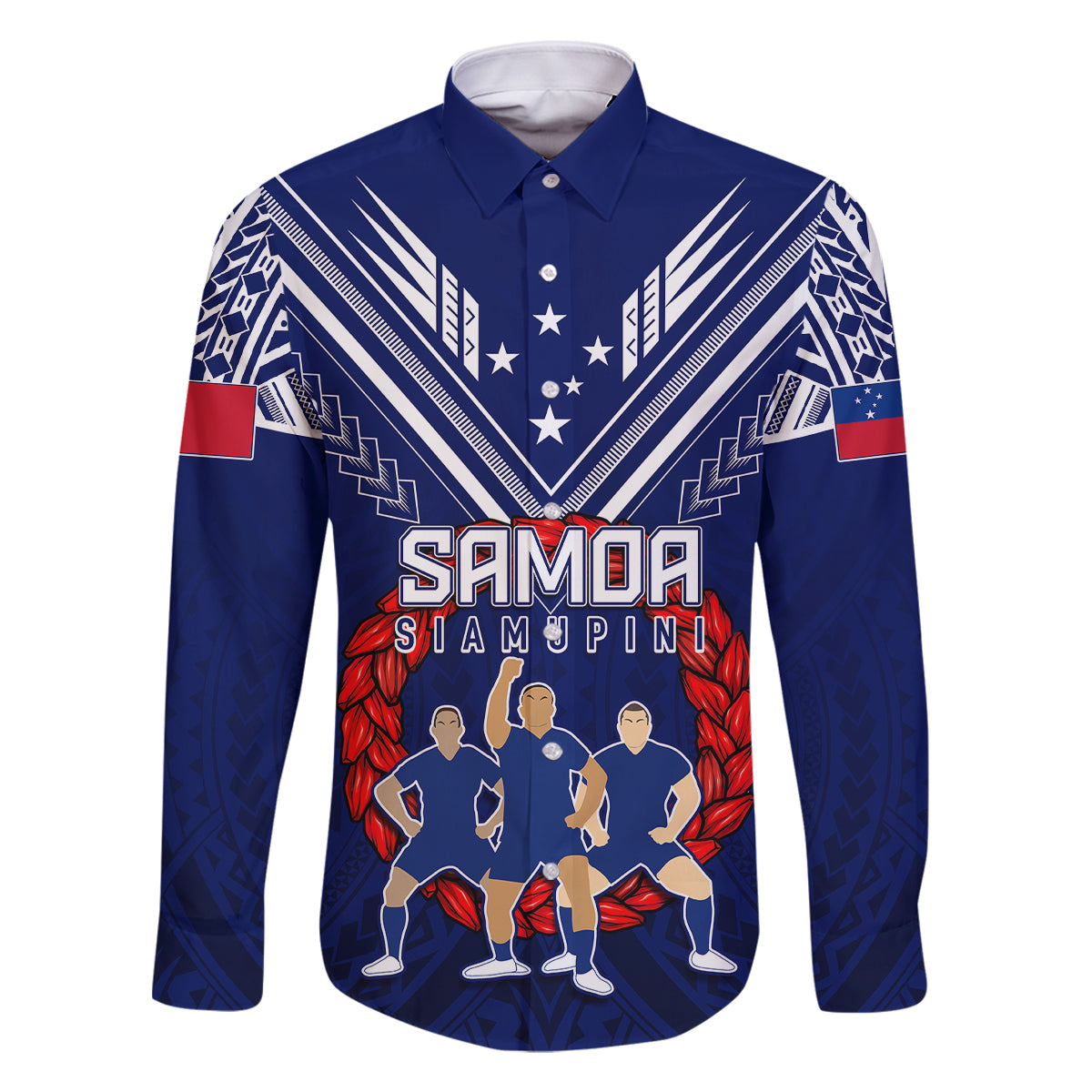 Personalised Samoa Rugby Family Matching Puletasi Dress and Hawaiian Shirt World Cup 2023 Siamupini Siva Tau LT7 Dad's Shirt - Long Sleeve Blue - Polynesian Pride