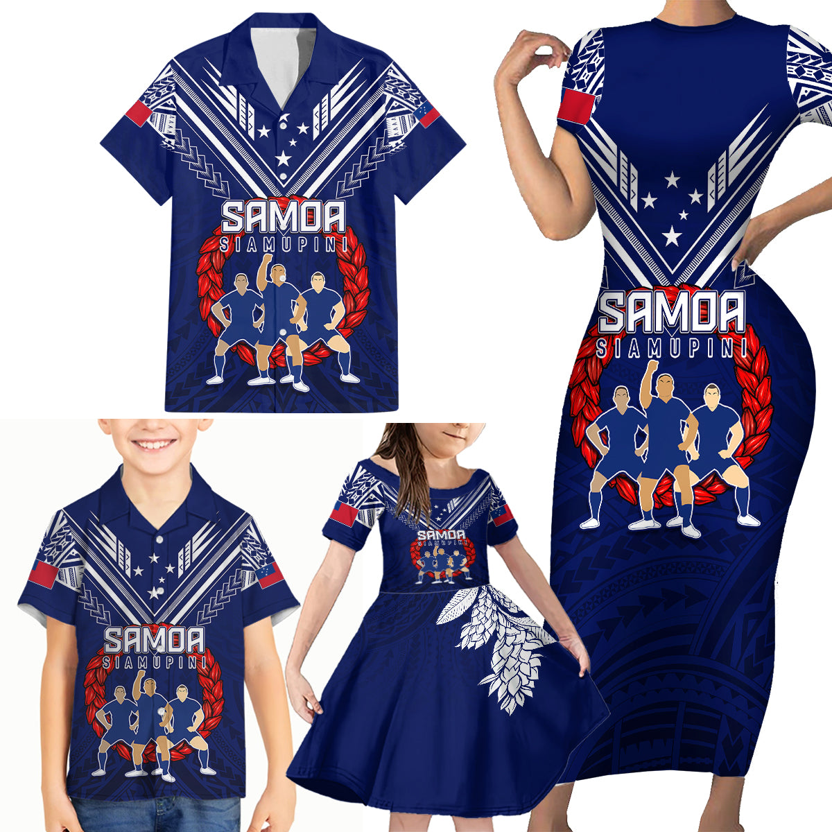 Personalised Samoa Rugby Family Matching Short Sleeve Bodycon Dress and Hawaiian Shirt World Cup 2023 Siamupini Siva Tau LT7 - Polynesian Pride