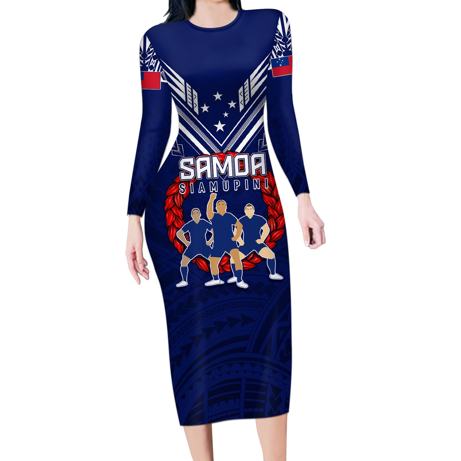 Personalised Samoa Rugby Long Sleeve Bodycon Dress World Cup 2023 Siamupini Siva Tau LT7 Long Dress Blue - Polynesian Pride