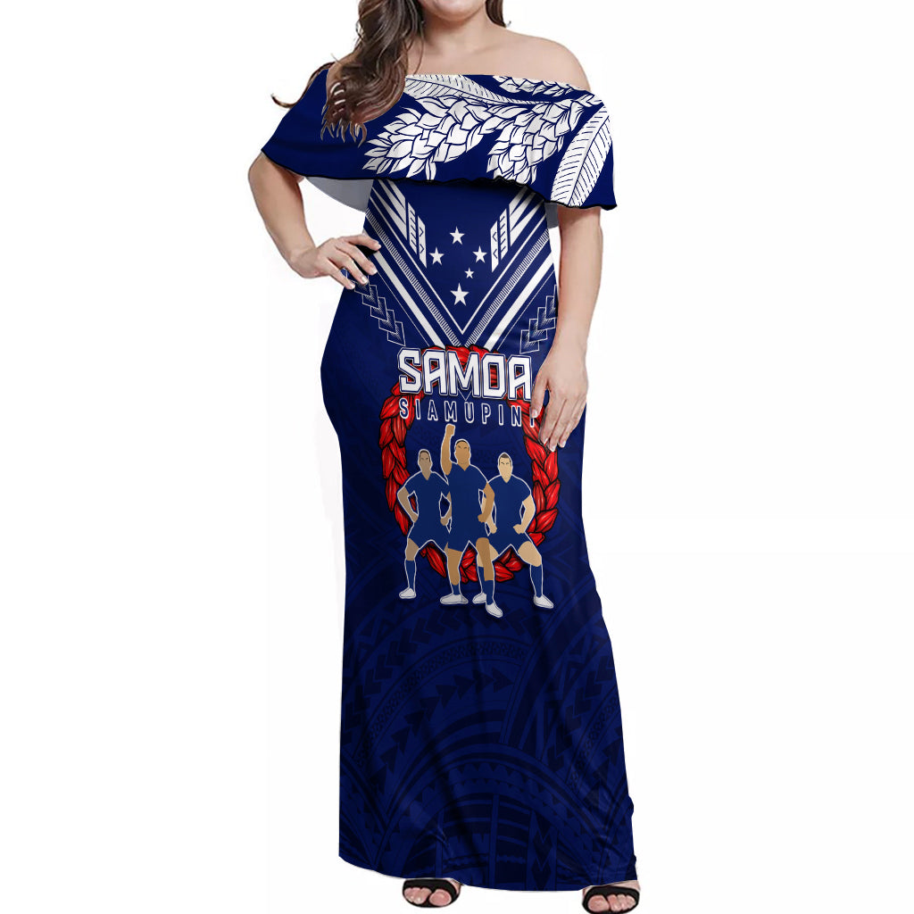 Personalised Samoa Rugby Off Shoulder Maxi Dress World Cup 2023 Siamupini Siva Tau LT7 Women Blue - Polynesian Pride