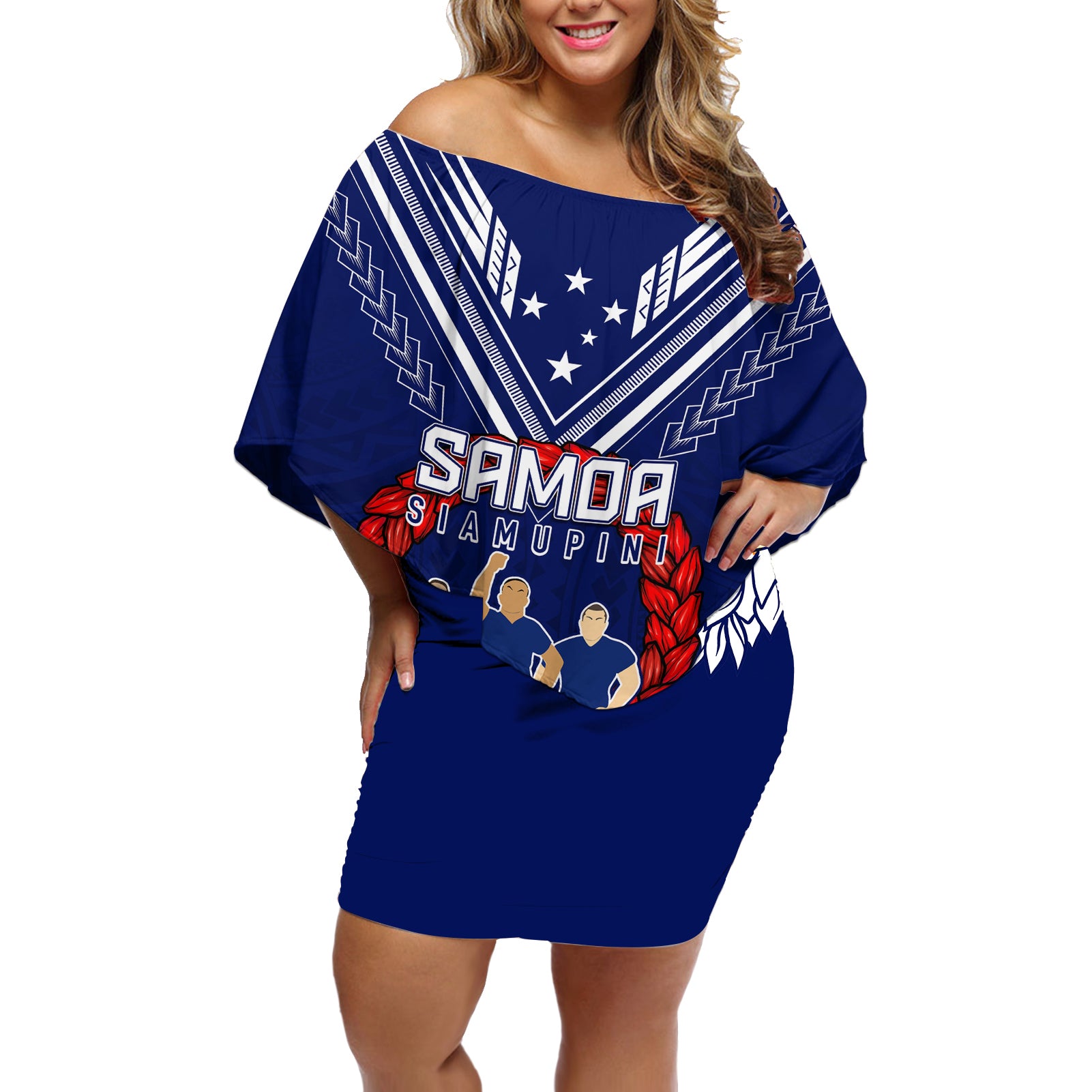 Personalised Samoa Rugby Off Shoulder Short Dress World Cup 2023 Siamupini Siva Tau LT7 Women Blue - Polynesian Pride