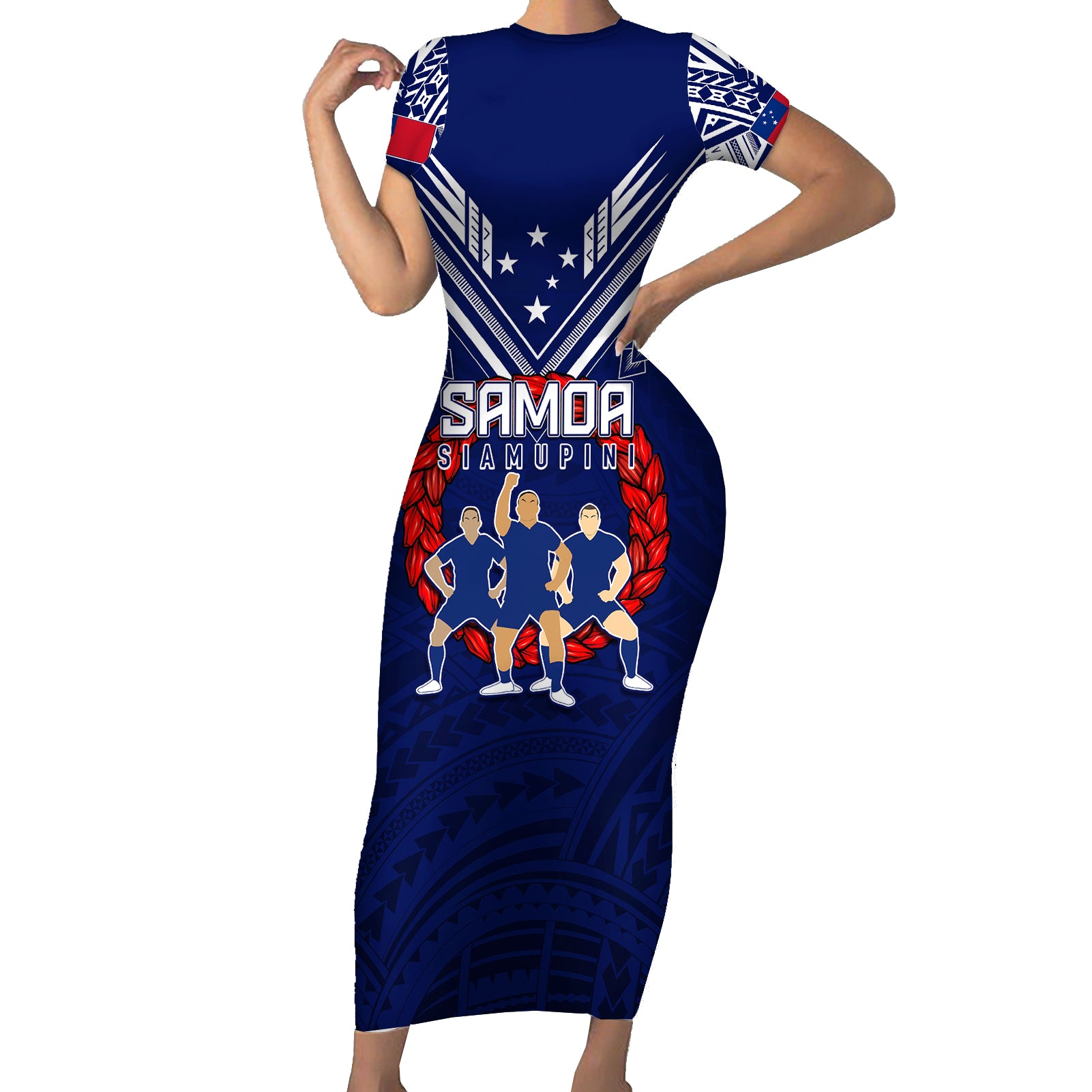 Personalised Samoa Rugby Short Sleeve Bodycon Dress World Cup 2023 Siamupini Siva Tau LT7 Long Dress Blue - Polynesian Pride