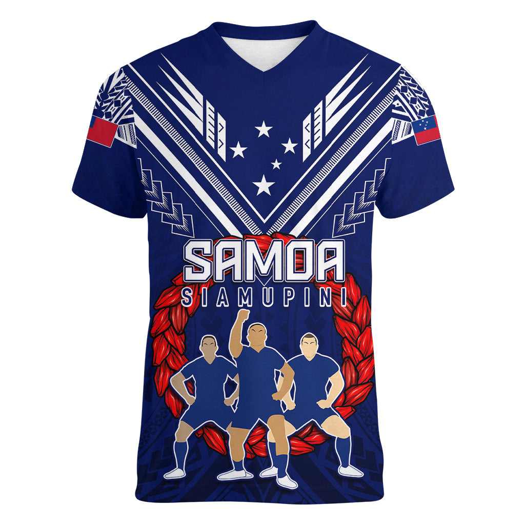 Personalised Samoa Rugby Women V Neck T Shirt World Cup 2023 Siamupini Siva Tau LT7 Female Blue - Polynesian Pride