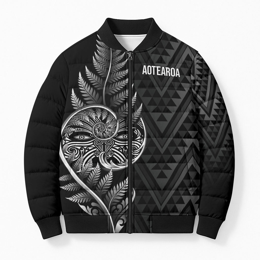 New Zealand Ta Moko Silver Fern Bomber Puffer Jacket Taniko Taniwha Motifs