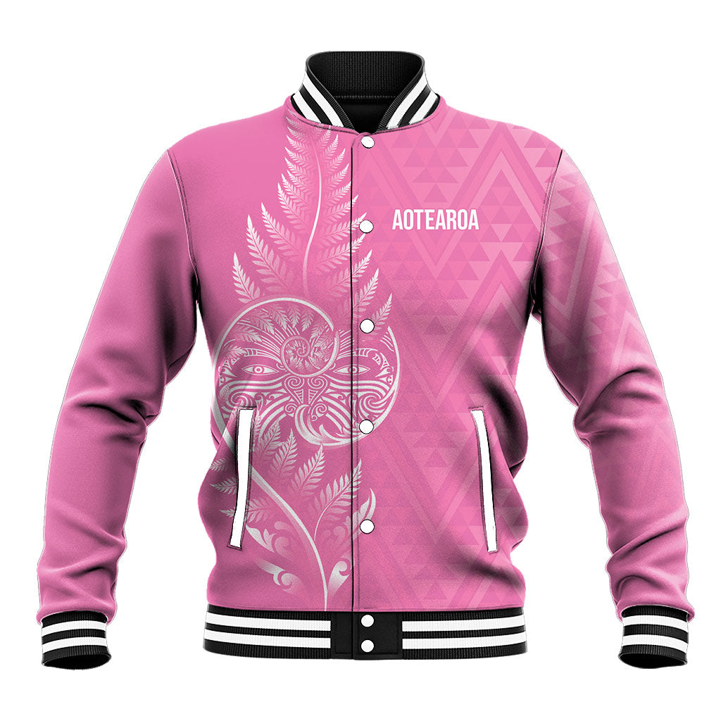 New Zealand Ta Moko Silver Fern Pink Baseball Jacket Taniko Taniwha Motifs