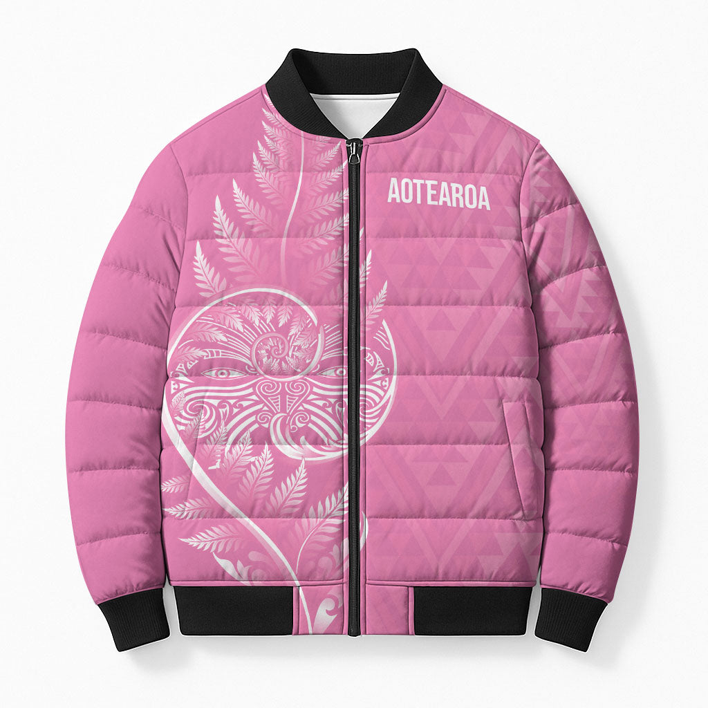 New Zealand Ta Moko Silver Fern Pink Bomber Puffer Jacket Taniko Taniwha Motifs