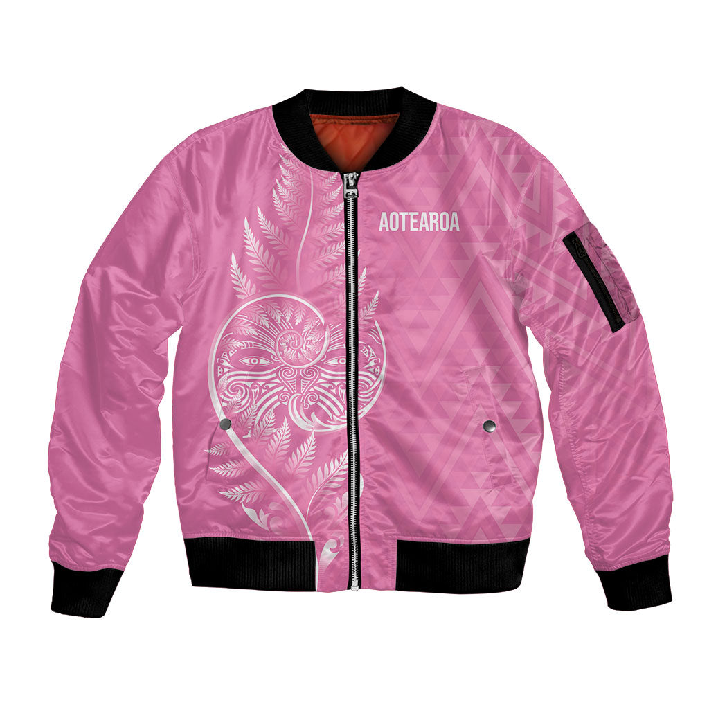 New Zealand Ta Moko Silver Fern Pink Sleeve Zip Bomber Jacket Taniko Taniwha Motifs