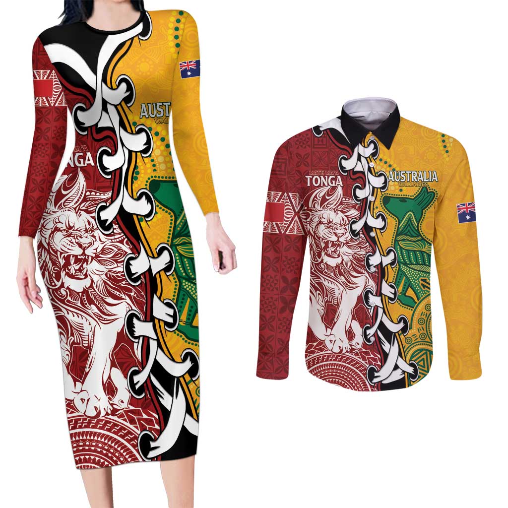 Mate Ma'a Tonga Vs Australia Rugby Personalized Couples Matching Long Sleeve Bodycon Dress and Long Sleeve Button Shirt Special Mascots LT7 Colorful - Polynesian Pride