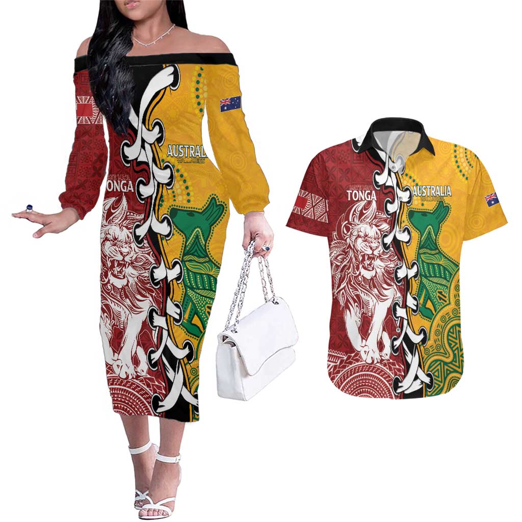 Mate Ma'a Tonga Vs Australia Rugby Personalized Couples Matching Off The Shoulder Long Sleeve Dress and Hawaiian Shirt Special Mascots