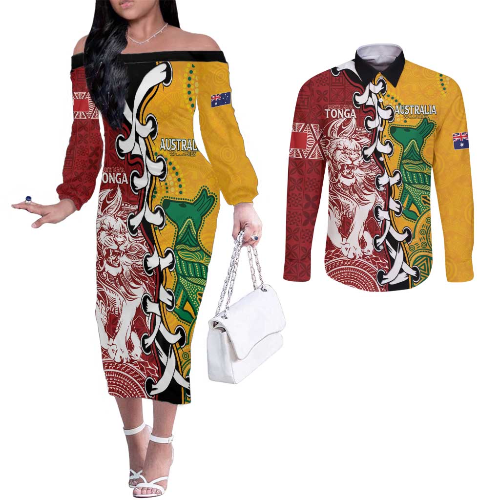 Mate Ma'a Tonga Vs Australia Rugby Personalized Couples Matching Off The Shoulder Long Sleeve Dress and Long Sleeve Button Shirt Special Mascots LT7 Colorful - Polynesian Pride