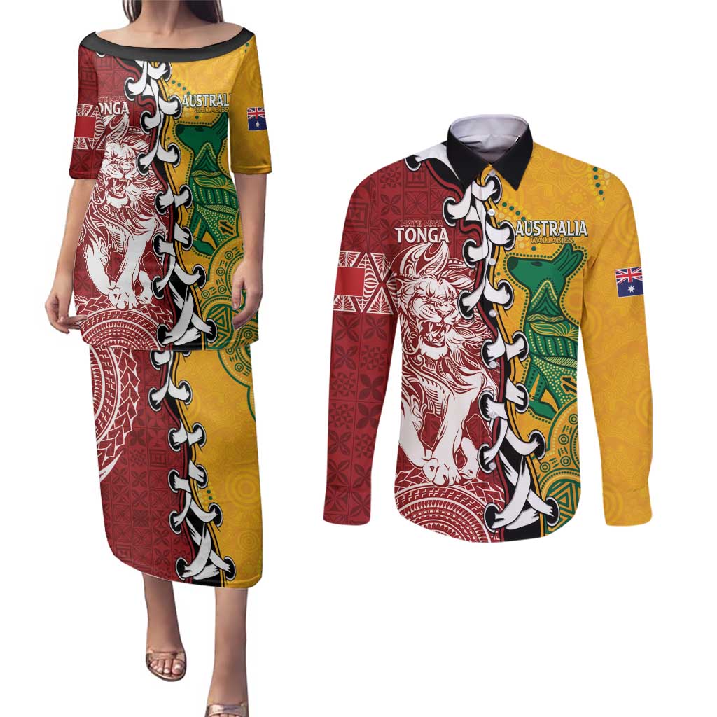 Mate Ma'a Tonga Vs Australia Rugby Personalized Couples Matching Puletasi and Long Sleeve Button Shirt Special Mascots LT7 Colorful - Polynesian Pride