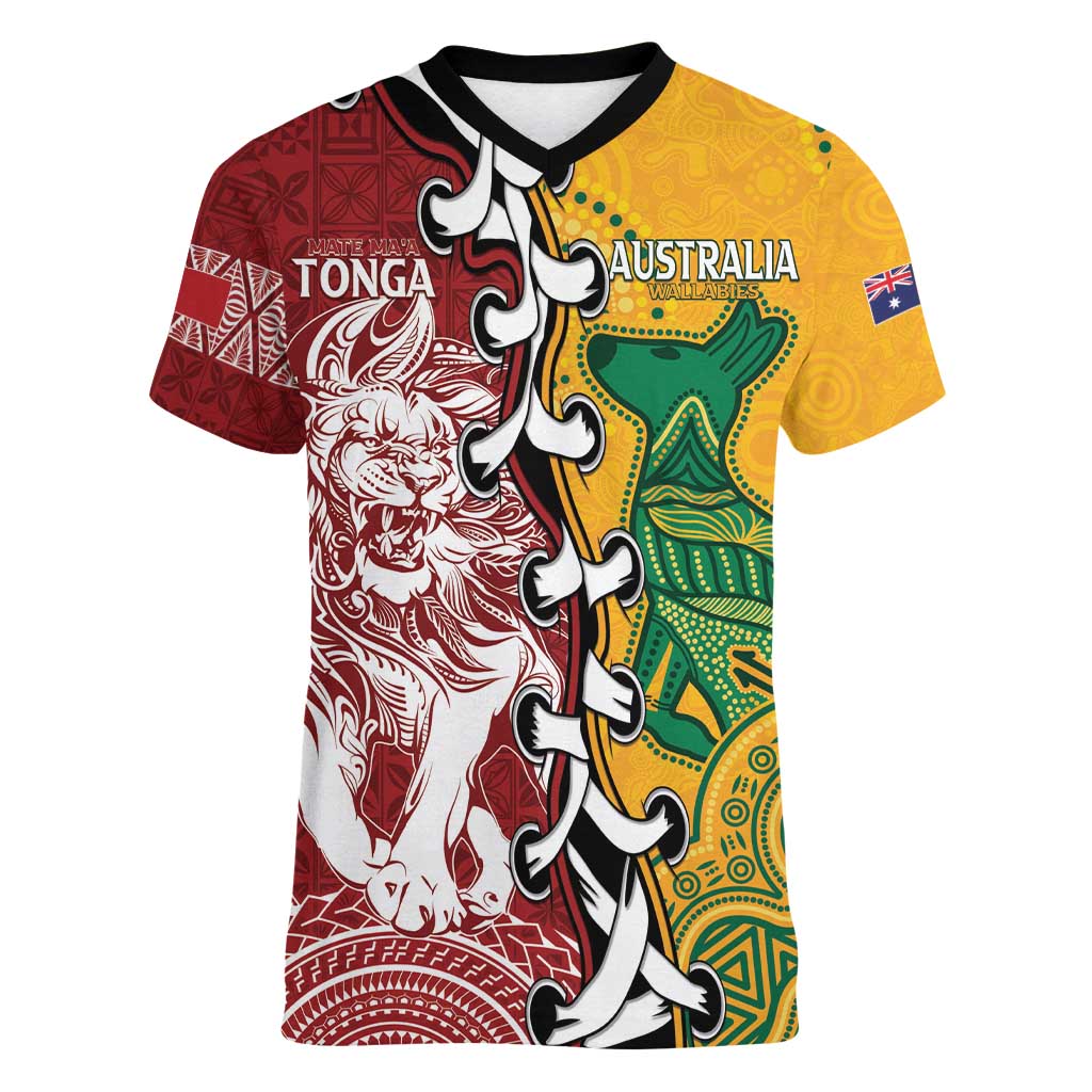 Mate Ma'a Tonga Vs Australia Rugby Personalized Women V-Neck T-Shirt Special Mascots LT7 Female Colorful - Polynesian Pride