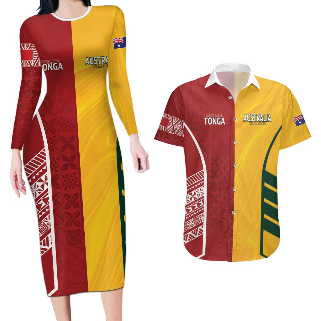 Australia - Tonga Rugby Custom Couples Matching Long Sleeve Bodycon Dress and Hawaiian Shirt Minimalist Dynamic LT7 Colorful - Polynesian Pride
