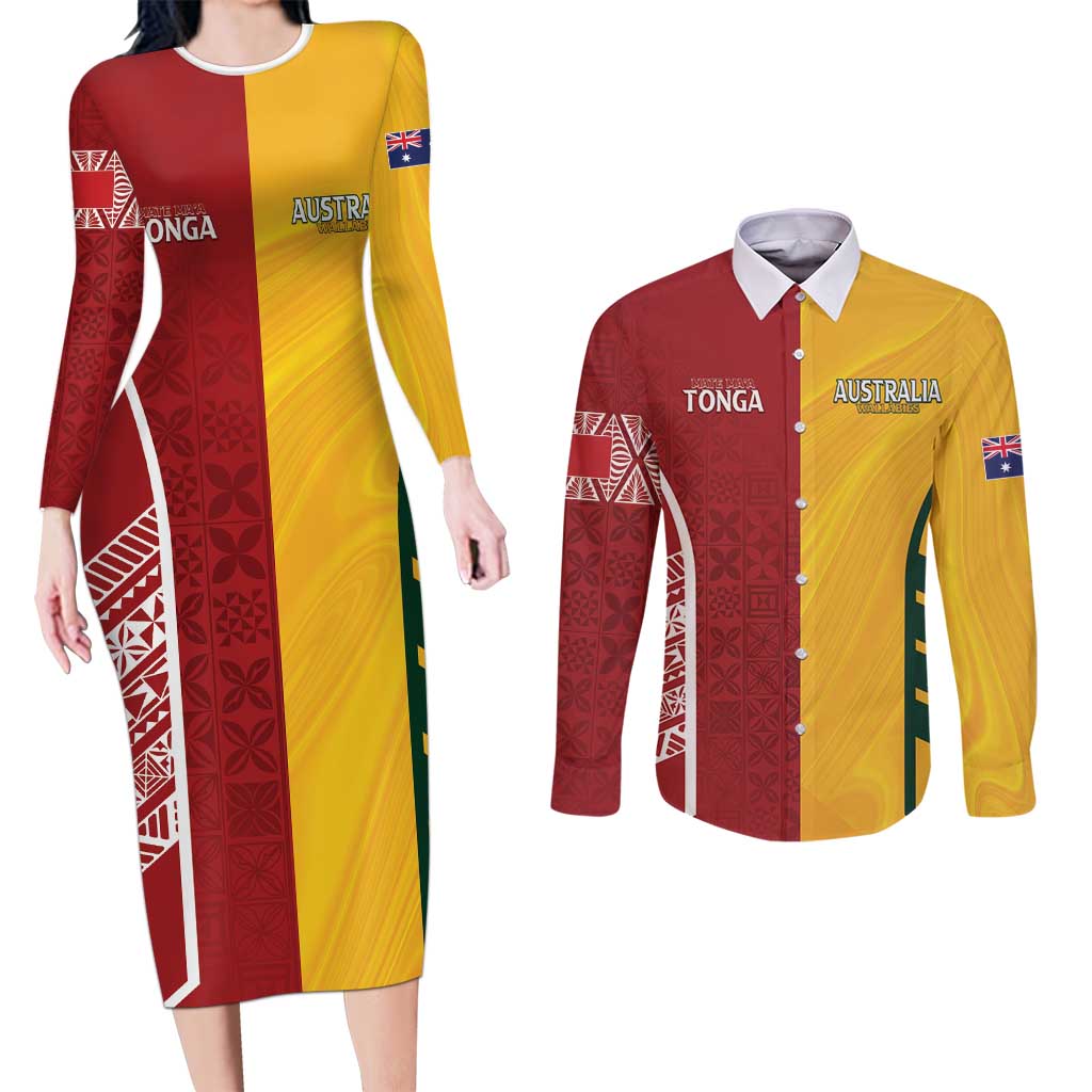 Australia - Tonga Rugby Custom Couples Matching Long Sleeve Bodycon Dress and Long Sleeve Button Shirt Minimalist Dynamic LT7 Colorful - Polynesian Pride