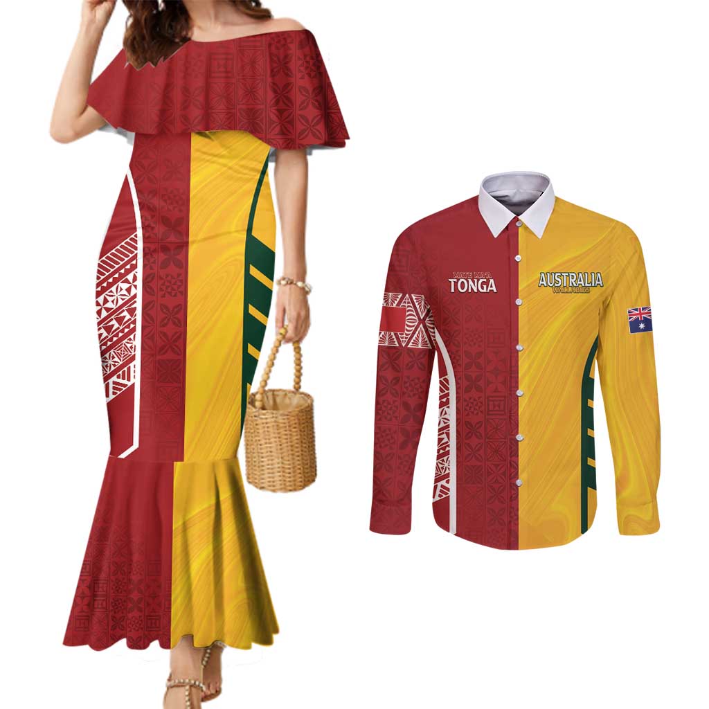 Australia - Tonga Rugby Custom Couples Matching Mermaid Dress and Long Sleeve Button Shirt Minimalist Dynamic LT7 Colorful - Polynesian Pride