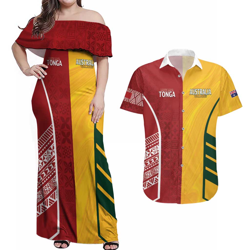 Australia - Tonga Rugby Custom Couples Matching Off Shoulder Maxi Dress and Hawaiian Shirt Minimalist Dynamic