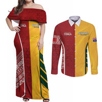 Australia - Tonga Rugby Custom Couples Matching Off Shoulder Maxi Dress and Long Sleeve Button Shirt Minimalist Dynamic LT7 Colorful - Polynesian Pride