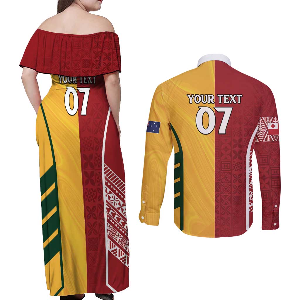 Australia - Tonga Rugby Custom Couples Matching Off Shoulder Maxi Dress and Long Sleeve Button Shirt Minimalist Dynamic LT7 - Polynesian Pride