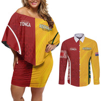 Australia - Tonga Rugby Custom Couples Matching Off Shoulder Short Dress and Long Sleeve Button Shirt Minimalist Dynamic LT7 Colorful - Polynesian Pride