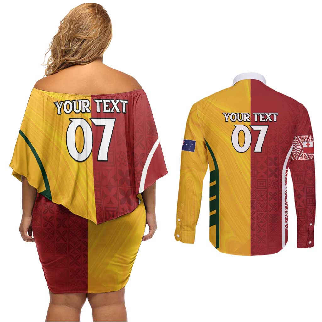 Australia - Tonga Rugby Custom Couples Matching Off Shoulder Short Dress and Long Sleeve Button Shirt Minimalist Dynamic LT7 - Polynesian Pride