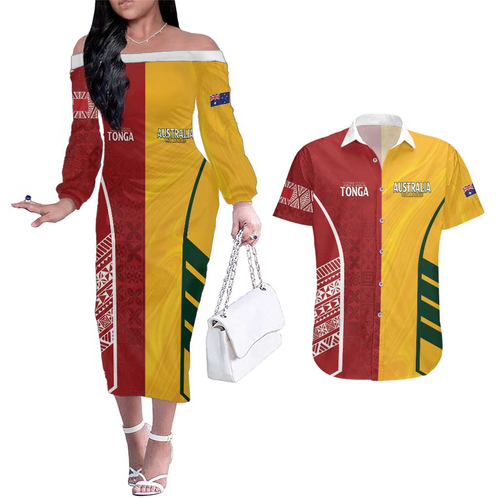 Australia - Tonga Rugby Custom Couples Matching Off The Shoulder Long Sleeve Dress and Hawaiian Shirt Minimalist Dynamic LT7 Colorful - Polynesian Pride
