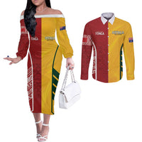 Australia - Tonga Rugby Custom Couples Matching Off The Shoulder Long Sleeve Dress and Long Sleeve Button Shirt Minimalist Dynamic LT7 Colorful - Polynesian Pride