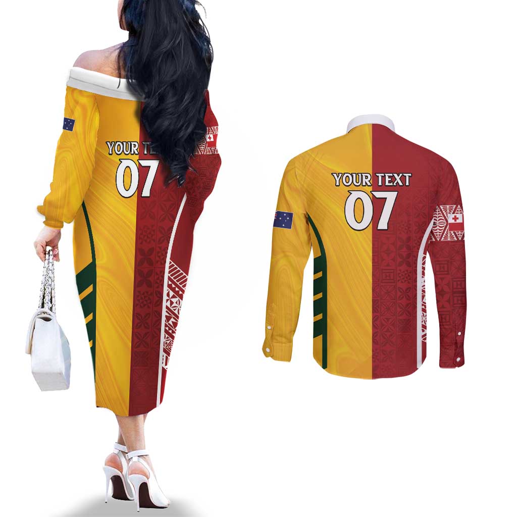 Australia - Tonga Rugby Custom Couples Matching Off The Shoulder Long Sleeve Dress and Long Sleeve Button Shirt Minimalist Dynamic LT7 - Polynesian Pride