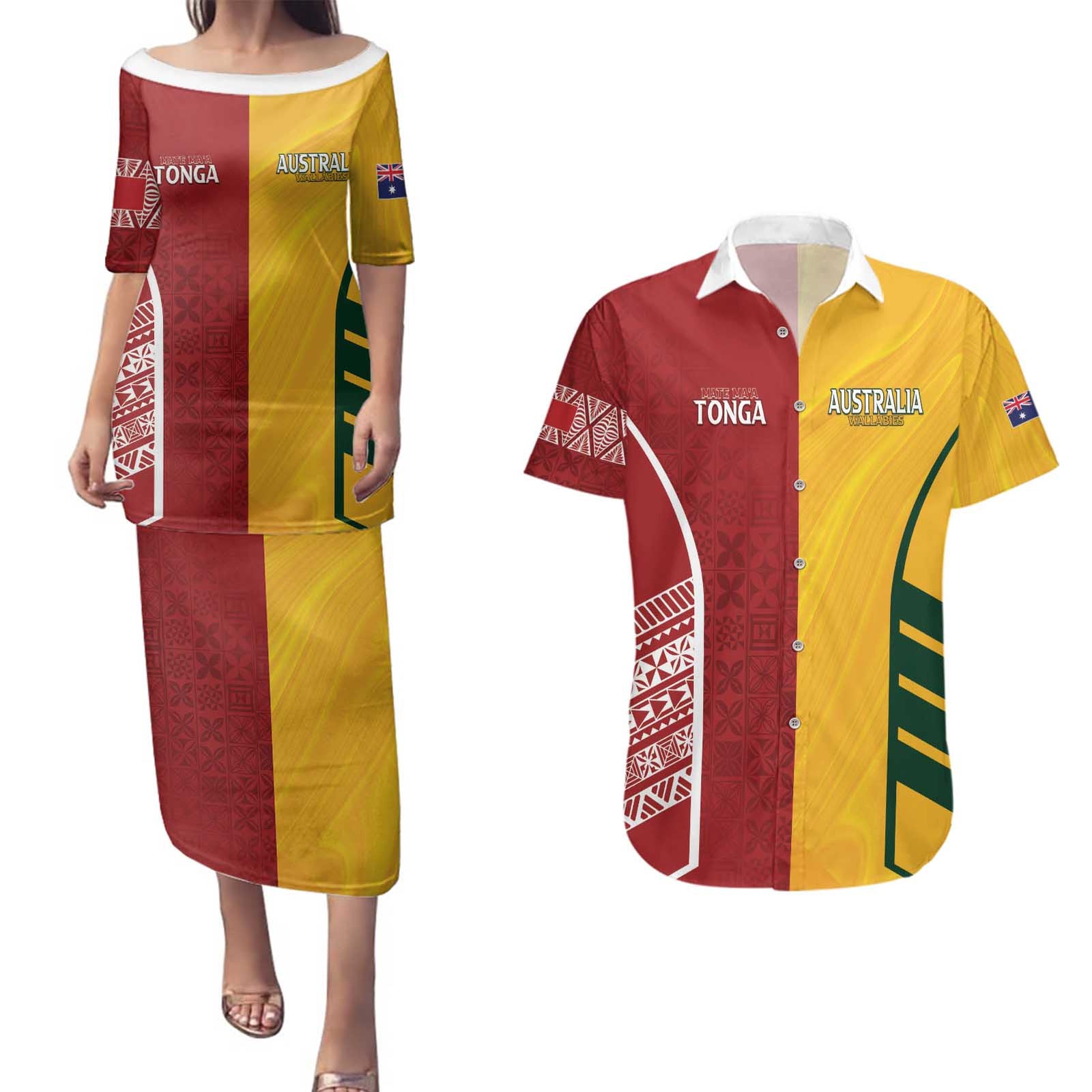 Australia - Tonga Rugby Custom Couples Matching Puletasi and Hawaiian Shirt Minimalist Dynamic LT7 Colorful - Polynesian Pride