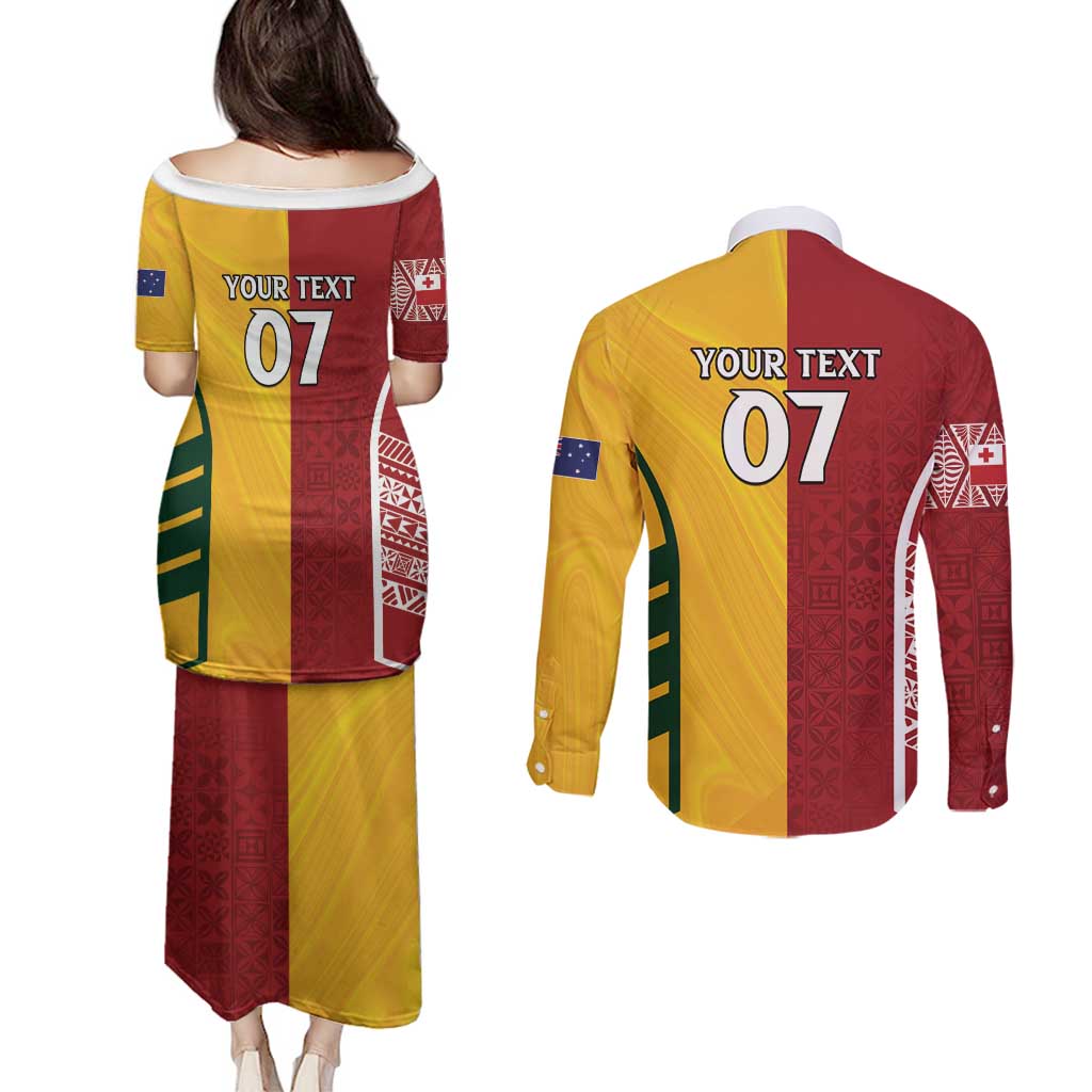 Australia - Tonga Rugby Custom Couples Matching Puletasi and Long Sleeve Button Shirt Minimalist Dynamic LT7 - Polynesian Pride