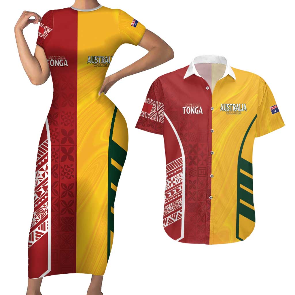 Australia - Tonga Rugby Custom Couples Matching Short Sleeve Bodycon Dress and Hawaiian Shirt Minimalist Dynamic LT7 Colorful - Polynesian Pride