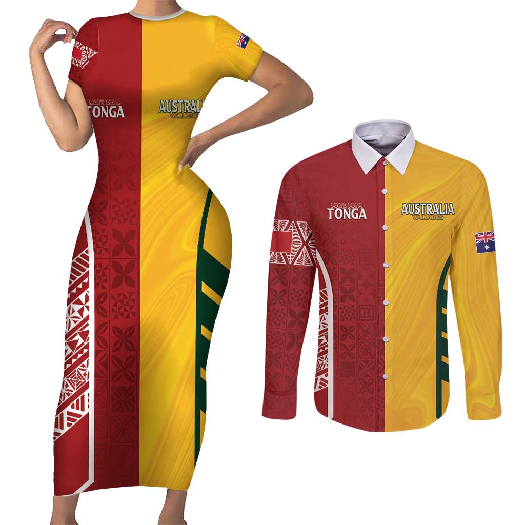 Australia - Tonga Rugby Custom Couples Matching Short Sleeve Bodycon Dress and Long Sleeve Button Shirt Minimalist Dynamic LT7 Colorful - Polynesian Pride
