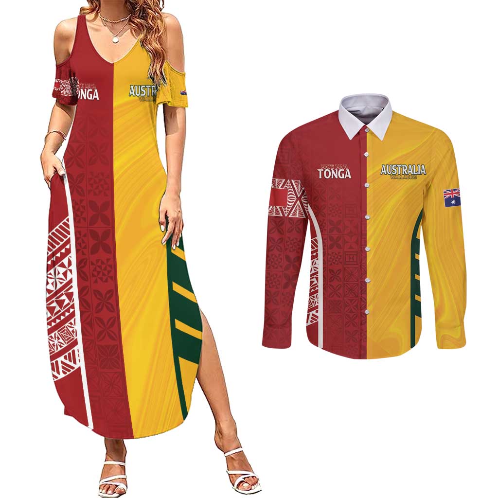 Australia - Tonga Rugby Custom Couples Matching Summer Maxi Dress and Long Sleeve Button Shirt Minimalist Dynamic LT7 Colorful - Polynesian Pride