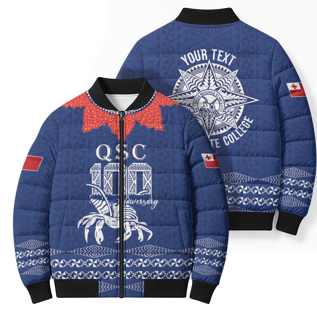 Queen Salote College 100 Years Anniversary Personalized Bomber Puffer Jacket Tonga QSC Royal Blue - Polynesian Pride