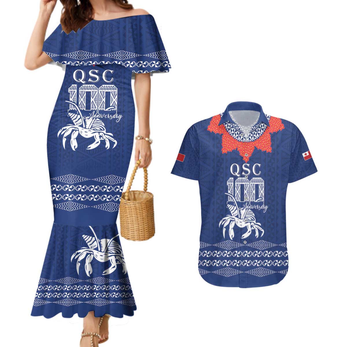 Queen Salote College 100 Years Anniversary Personalized Couples Matching Mermaid Dress and Hawaiian Shirt Tonga QSC Royal Blue - Polynesian Pride