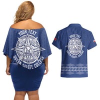 Queen Salote College 100 Years Anniversary Personalized Couples Matching Off Shoulder Short Dress and Hawaiian Shirt Tonga QSC Royal Blue - Polynesian Pride