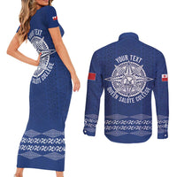 Queen Salote College 100 Years Anniversary Personalized Couples Matching Short Sleeve Bodycon Dress and Long Sleeve Button Shirt Tonga QSC Royal Blue - Polynesian Pride