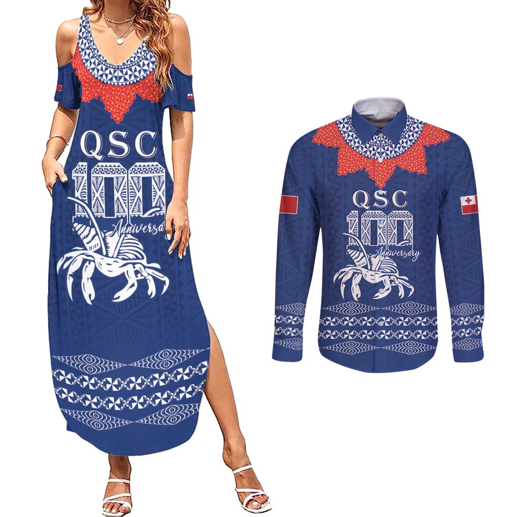 Queen Salote College 100 Years Anniversary Personalized Couples Matching Summer Maxi Dress and Long Sleeve Button Shirt Tonga QSC Royal Blue - Polynesian Pride