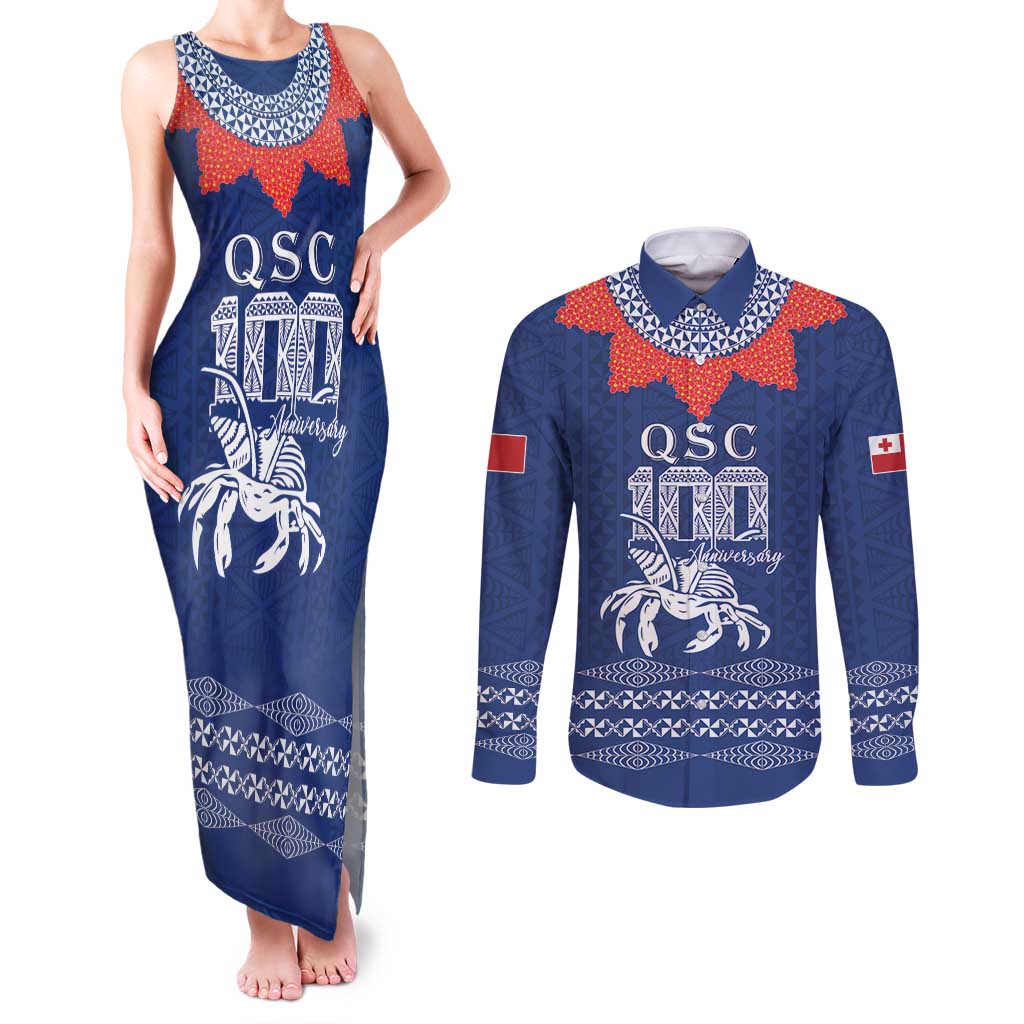 Queen Salote College 100 Years Anniversary Personalized Couples Matching Tank Maxi Dress and Long Sleeve Button Shirt Tonga QSC Royal Blue - Polynesian Pride