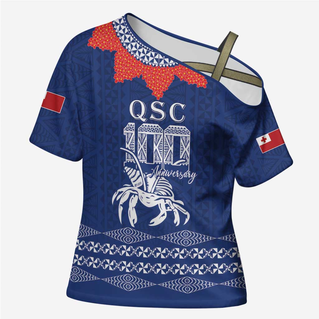Queen Salote College 100 Years Anniversary Personalized Cross Shoulder Shirt Tonga QSC Royal Blue - Polynesian Pride