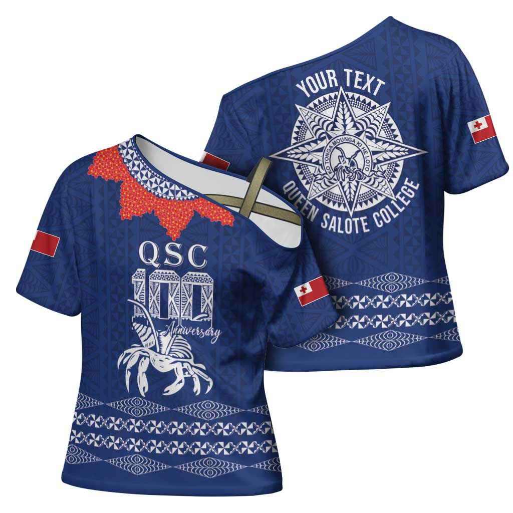 Queen Salote College 100 Years Anniversary Personalized Cross Shoulder Shirt Tonga QSC Royal Blue - Polynesian Pride