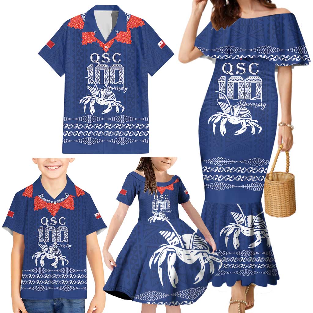Queen Salote College 100 Years Anniversary Personalized Family Matching Mermaid Dress and Hawaiian Shirt Tonga QSC Royal Blue - Polynesian Pride
